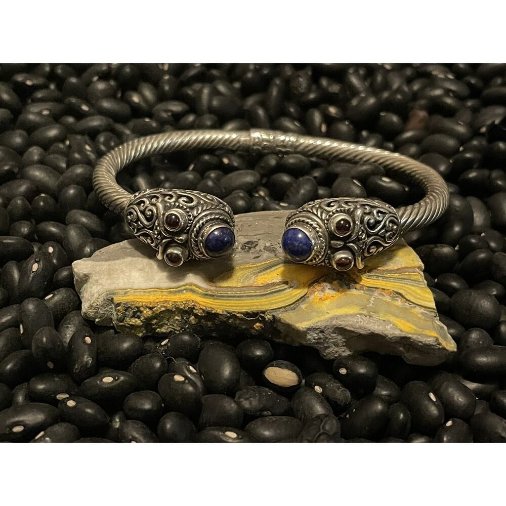 Sterling Silver Bali Style Scroll Work Lapis💙Amethyst Hinged Bangle Bracelet